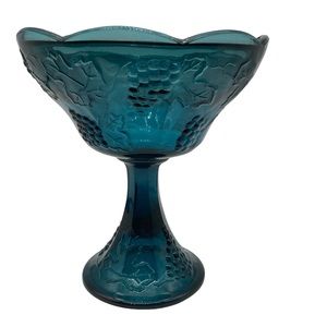 Indiana Glass teal pedestal dish grape pattern